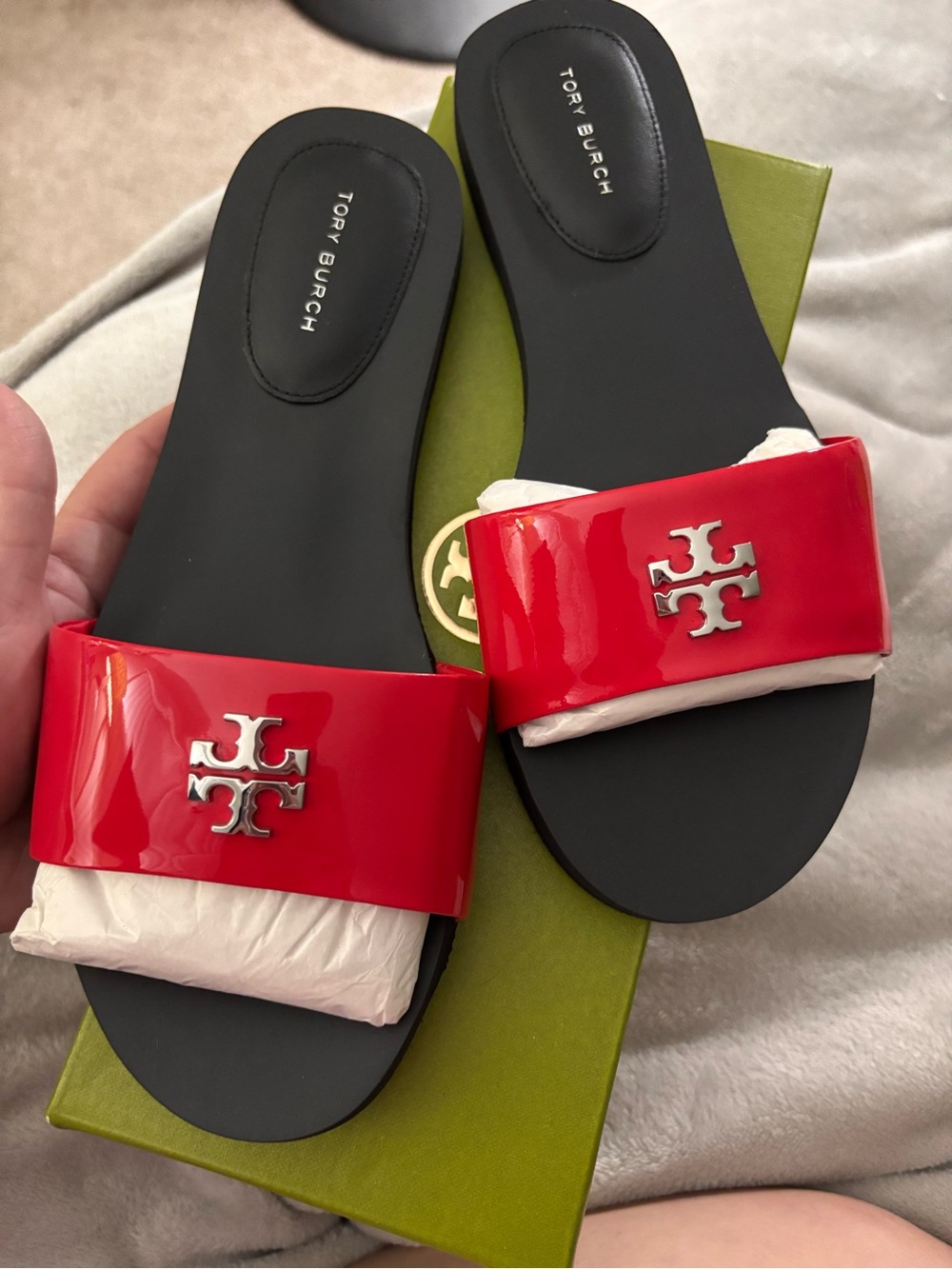 Tory Burch Red Patent Logo Slide Sandals with Black Footbed